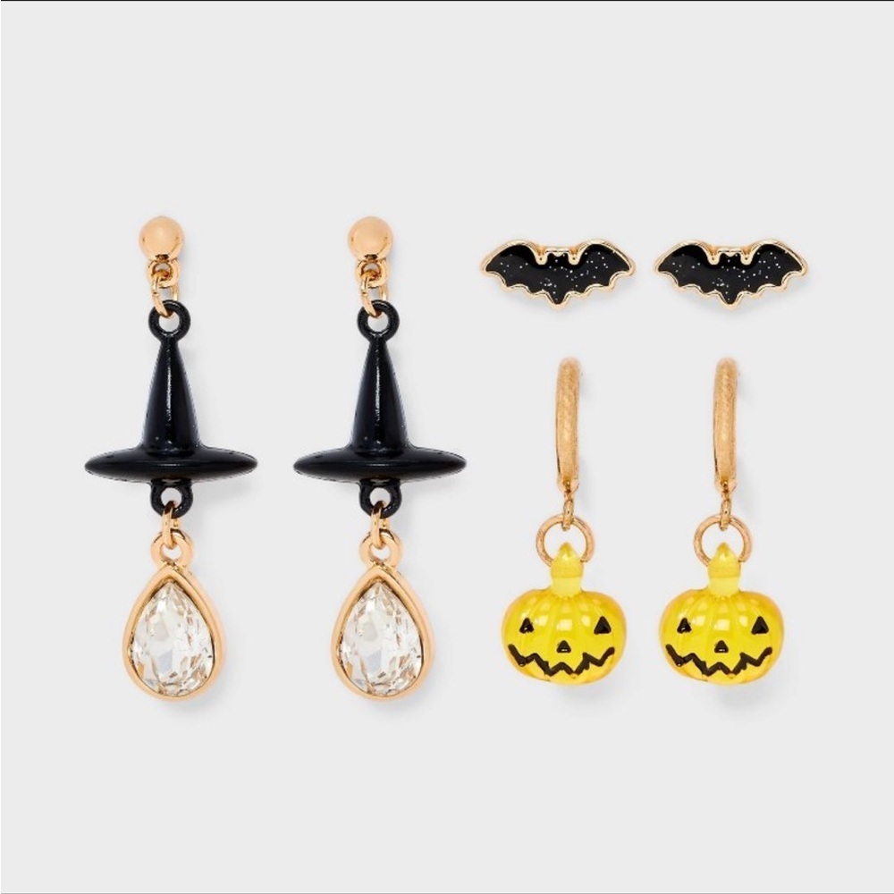 Halloween Bat Pumpkin witch hat stud and hoop earrings set. New